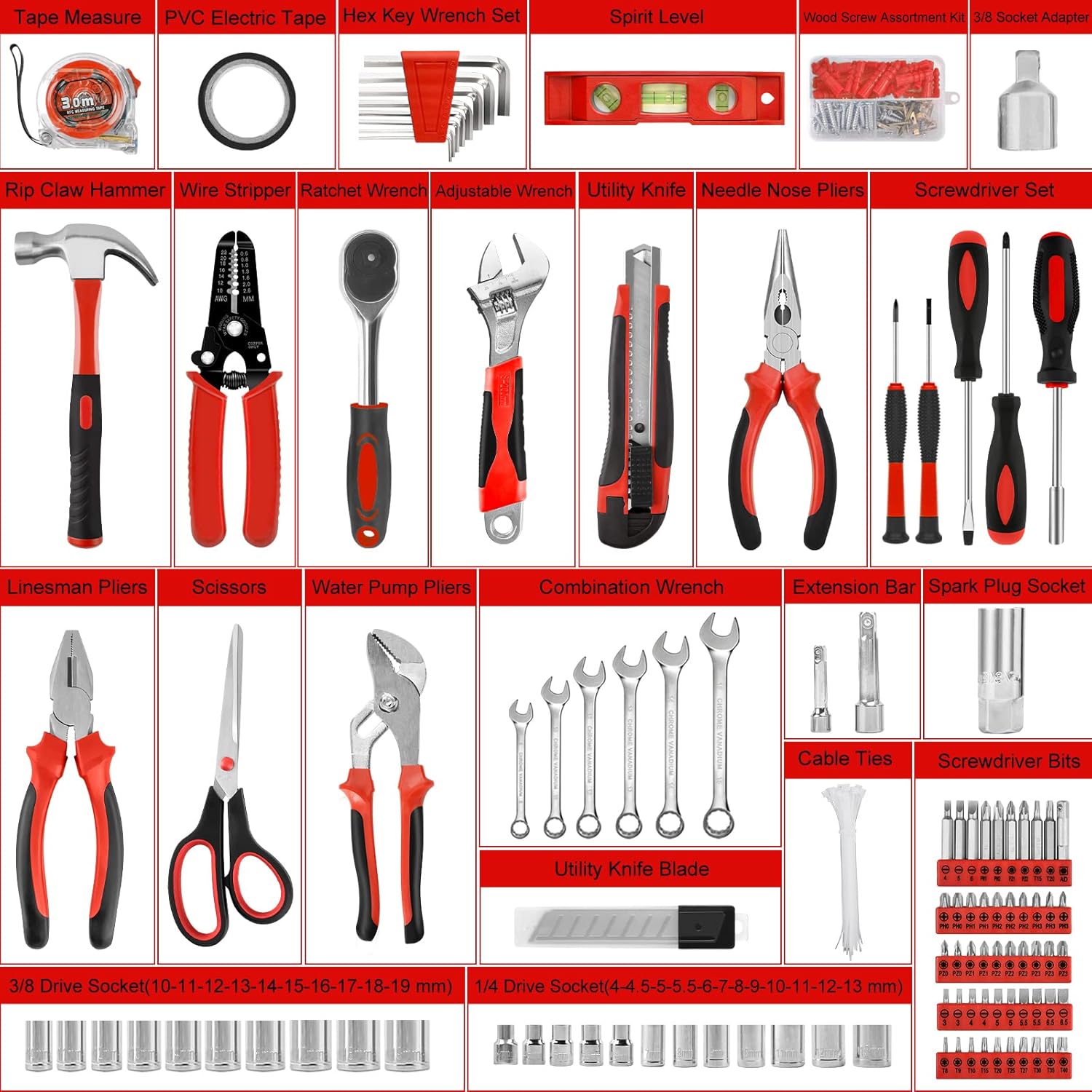 Home Tool Kit 287PCs - Complete Repair General Hand Tool Set for Men Women - Household Tool Kit for Home Improvement with Hammer & Pliers Set & Ratchet Wrench & Socket & Protable Tool Box Case