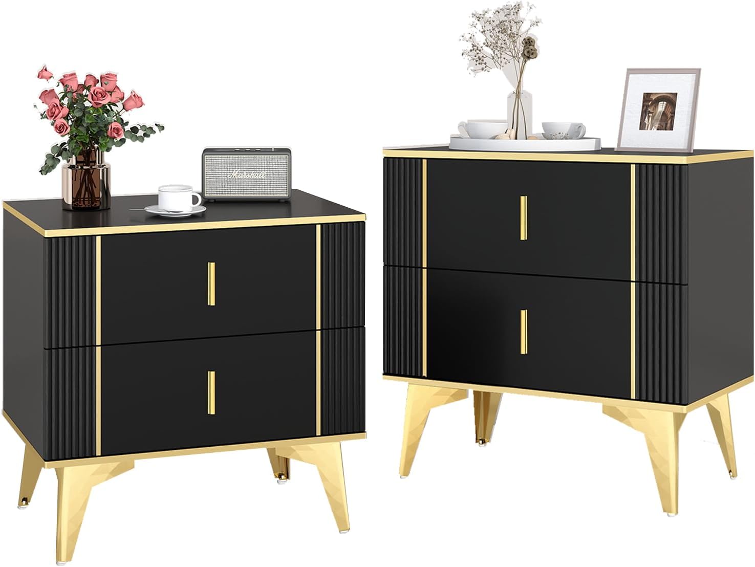 Wakefit Nightstands Set of 2, Light Luxury Bedside Table with 2 Wood Drawers, End Tables with Metal Handles and Metal Legs for Bedroom, Stripe Double (Black)