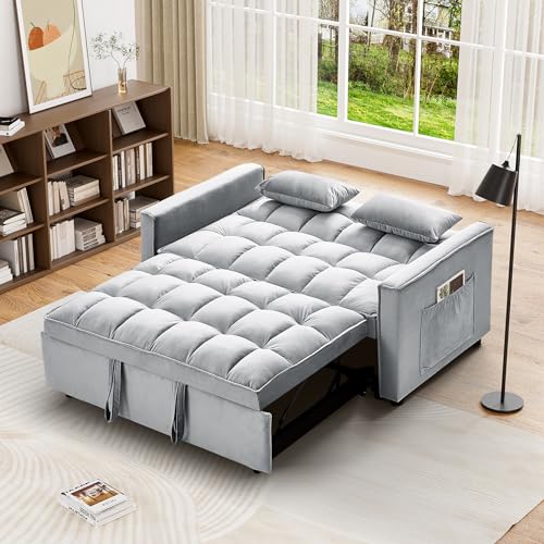 Convertible Sleeper Sofa Bed, Velvet Pull Out Couch Bed,3-in-1 Convertible Upholstered Loveseat Sofa,Velvet Futon Couch with Adjustable Backrest for Living Room,Dark Grey