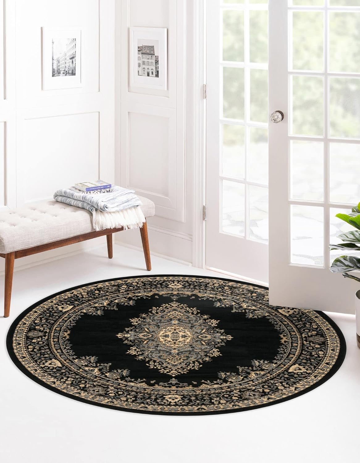 Rugs.com Amaya Collection Rug – 8 Ft Round Black Medium Rug Perfect for Kitchens, Dining Rooms