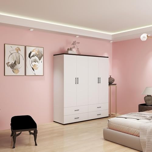 Wood Armoire Wardrobe Closet with 4 Doors, 2 Hanging Rods, 2 Drawers, Bedroom Armoire Organization with Mirror & Clothes Storage Cabinet Shelving 63" W x 20.4" D x 70.8 "H White