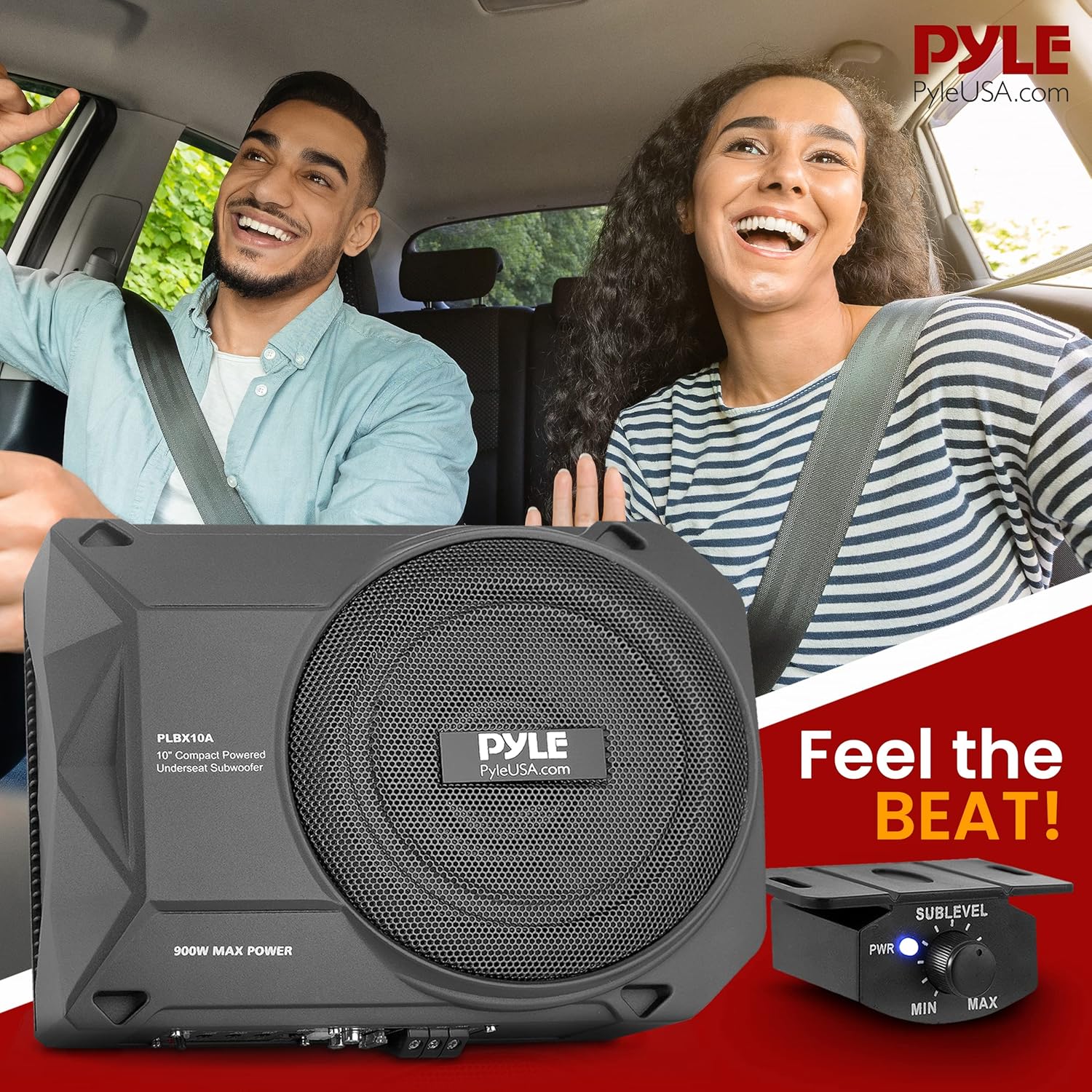 Pyle 10-Inch Low-Profile Amplified Subwoofer System - 900 Watt Compact Enclosed Active Underseat Car Audio Subwoofer with Built-in Amp, Powered Car Subwoofer w/Low & High-Level Inputs - PLBX10A