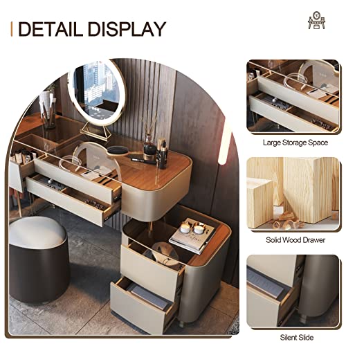 Vanity Desk Mirror and Lights, Mordern Dressing Table & Flexible Side Cabinet & Makeup Stool for Bedroom, Wood Frame Leather Finish Glass Top (47in)