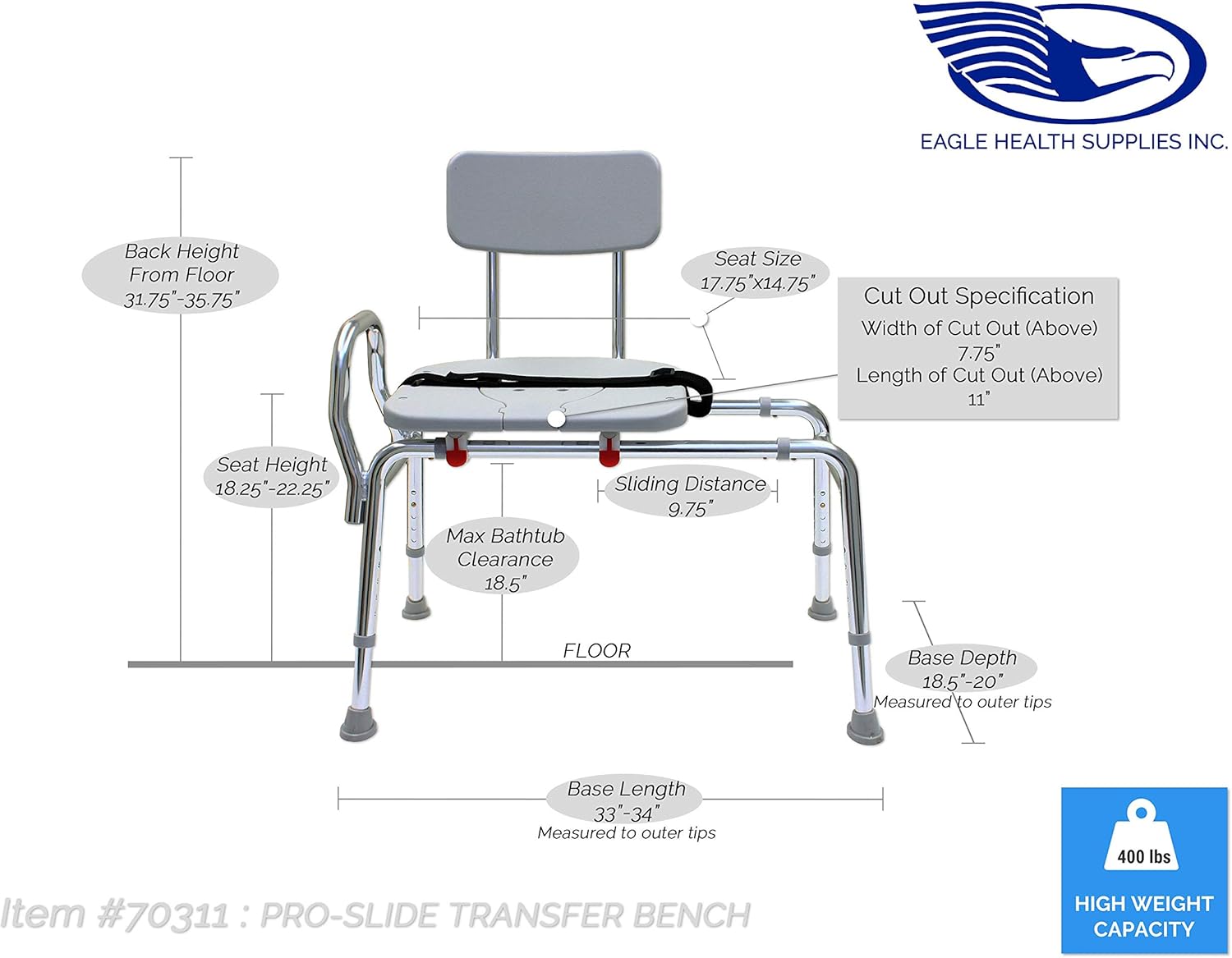 Pro-Slide Bathtub Transfer Bench and Sliding Shower Chair with Cut Out for Additional Cleaning (70311). Multiple Safety Features, Tool-Less Assembly, Height Adjustable and High Weight Capacity.