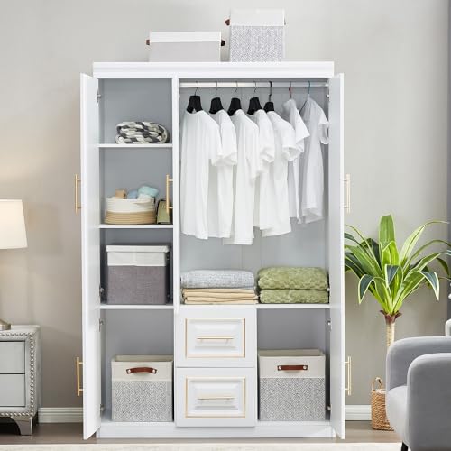 Closet with Doors Armoire Wardrobe Closets Wood Cabinet White Storage Closet Cabinet for Bedroom Armoires Clothes Wood Closet with Hanging Rod (20.51" D x 63" W x 74.02" H, Golden Handle)