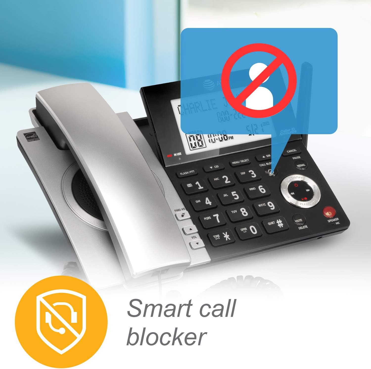 AT&T CL84107 DECT 6.0 Expandable Corded/Cordless Phone with Smart Call Blocker, Black/Silver with 1 Handset