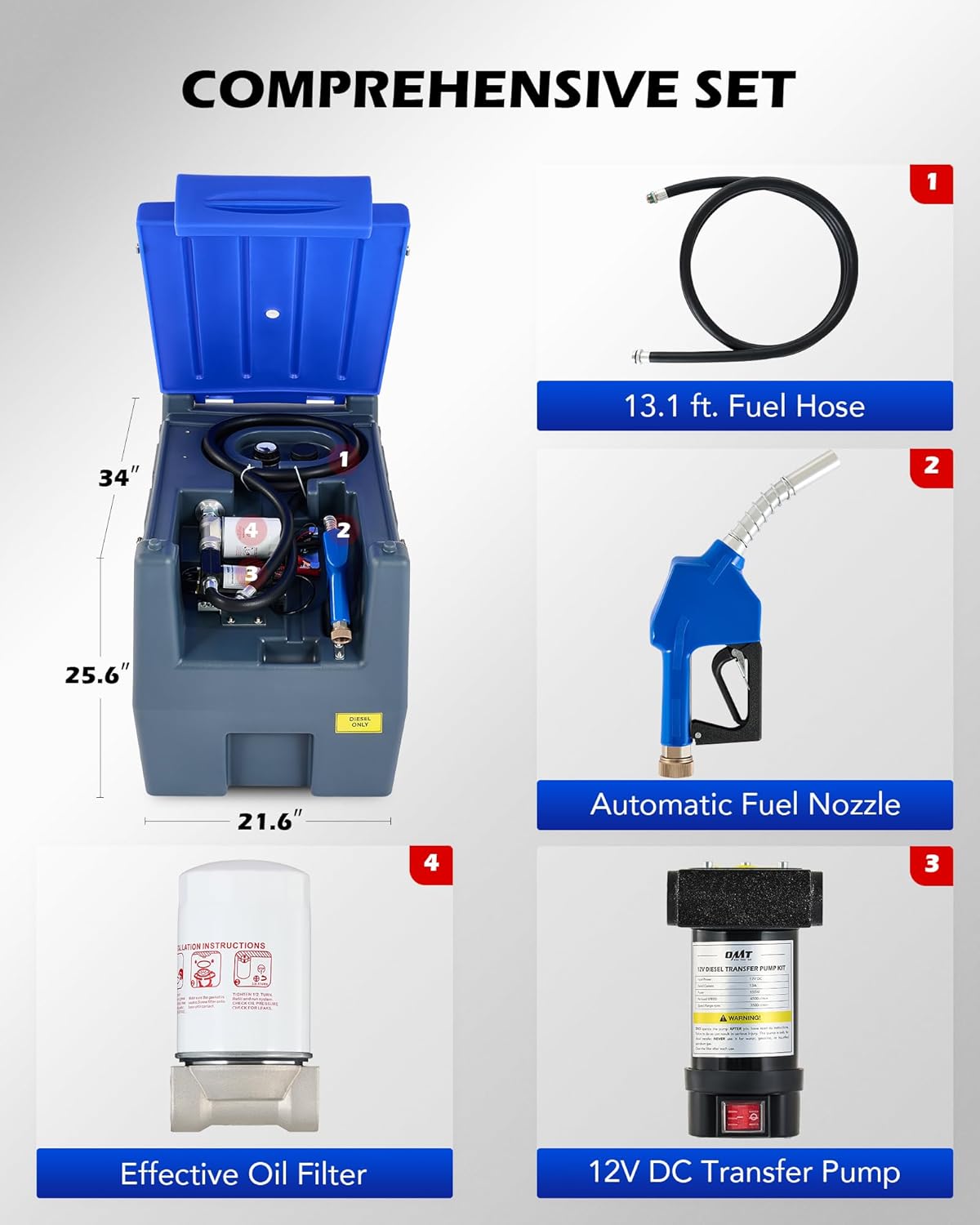 Orion Motor Tech 58 gallon Diesel Tank, 10.6 gpm Portable Fuel Tank with 12V DC Electric Transfer Pump, Diesel Fuel Tank with Auto Nozzle 13.1ft Hose, Diesel Transfer Tank for Easy Fuel Transportation