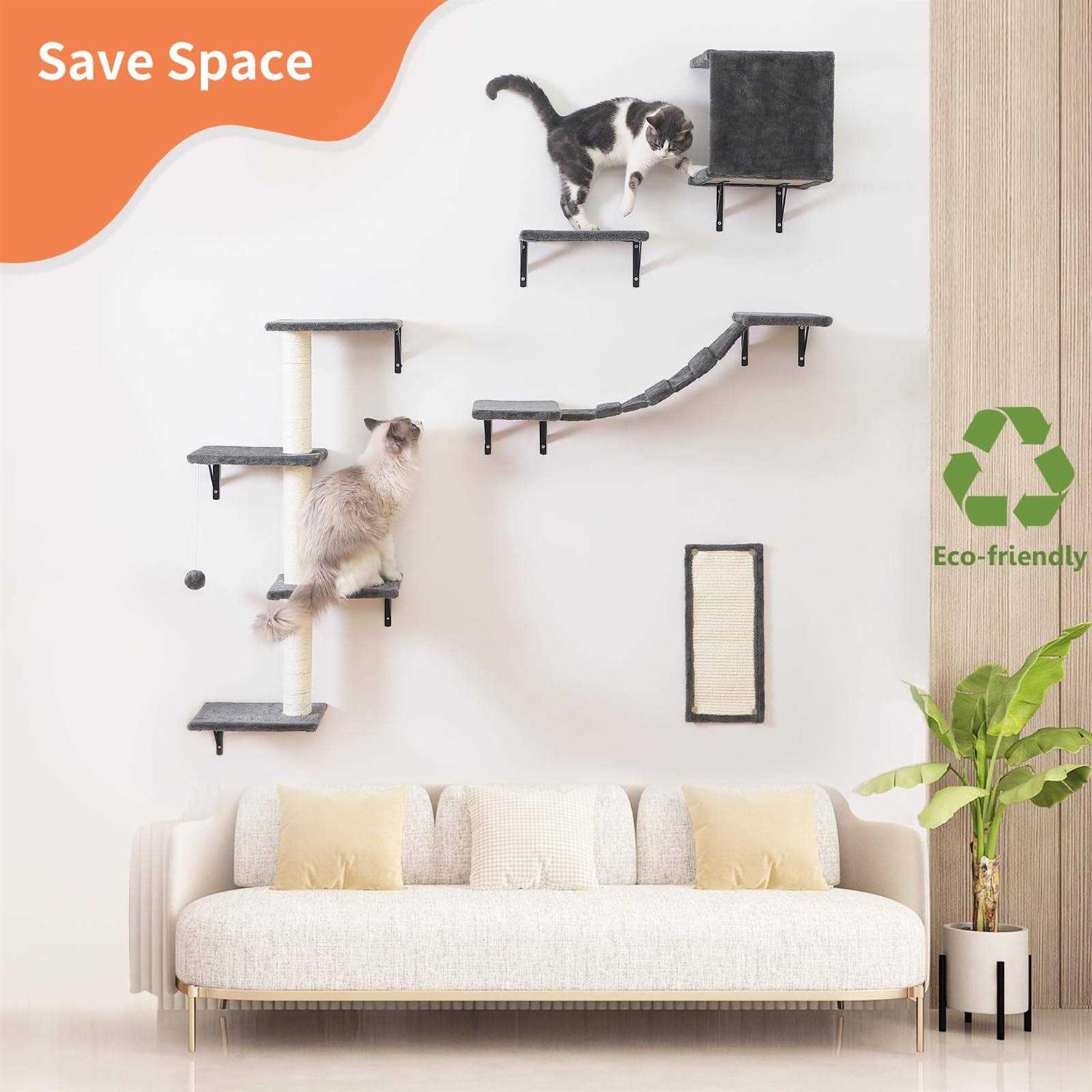 Modern Wall-Mounted Cat Furniture 5pcs Cat Wall Shelves Wooden Cat Climber Cat House, Bridge, Tree, Steps, and Scratcher - Pet Supplies online store