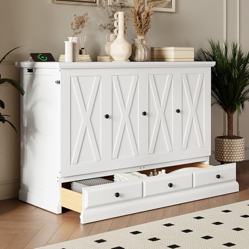 Harper & Bright Designs Queen Size Murphy Bed, Solid Pine Murphy Bed Frame Cabinet with Charging Station and Large Drawer, White