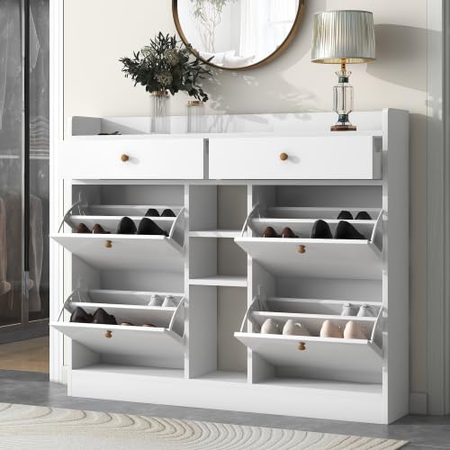 Modern Cabinet with 4 Flip, Multifunctional 2-Tier Storage Organizer with Drawers, Free Standing Shoe Rack for Entrance Hallway, Black
