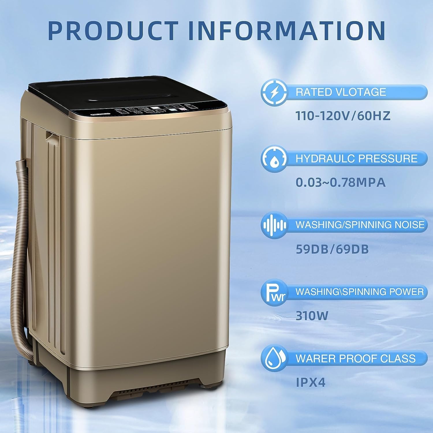 Full Automatic Washing Machine with LED Display, 10 Programs & 8 Water Levels Selections, 15.6Lbs for Home, RV, Camping, Apartment, Dorm - Gold