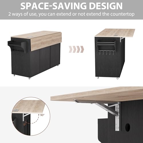Kitchen Island on Wheels with Storage and Power Outlet, Kitchen Island with Trash Can Storage Cabinet and Drop Leaf, with Spice Rack & Towel Rack, Rolling Island Cart for Kitchens (Black)