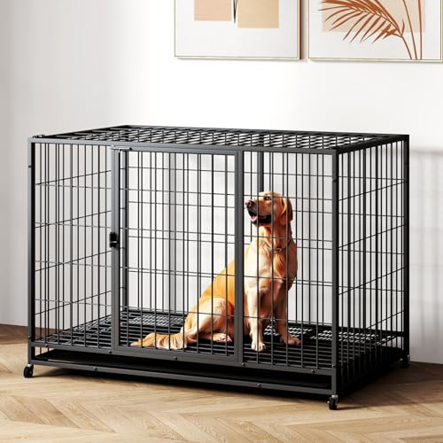 48 Inch Heavy Duty Indestructible Dog Crate Steel Escape Proof, Indoor Double Door High Anxiety Cage, Kennel with Wheels, Removable Tray, Extra Large XL XXL