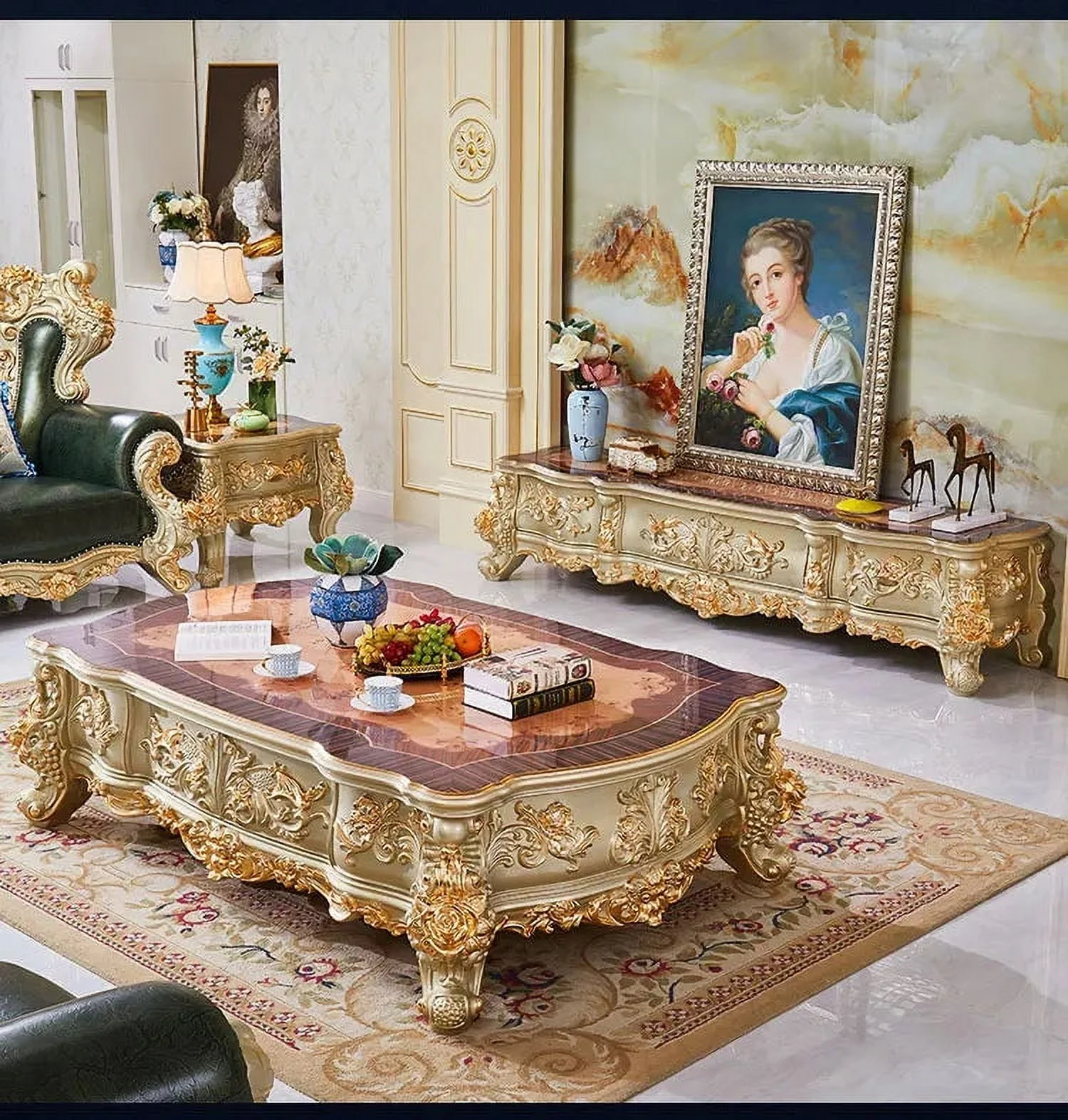 European style villa solid wood tv cabinet living room furniture oak carved golden luxury center table TV cabinet combination