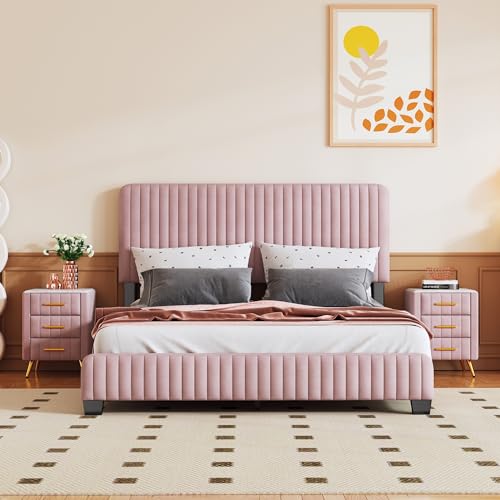 SOFTSEA 3-Piece Queen Bedroom Set, 3 Pieces Furniture Bedroom Sets Include Queen Size Upholstered Platform Bed and 2 Nightstands, Velvet Nightstands with Marbling Worktop and Metal Legs&Handles, Pink