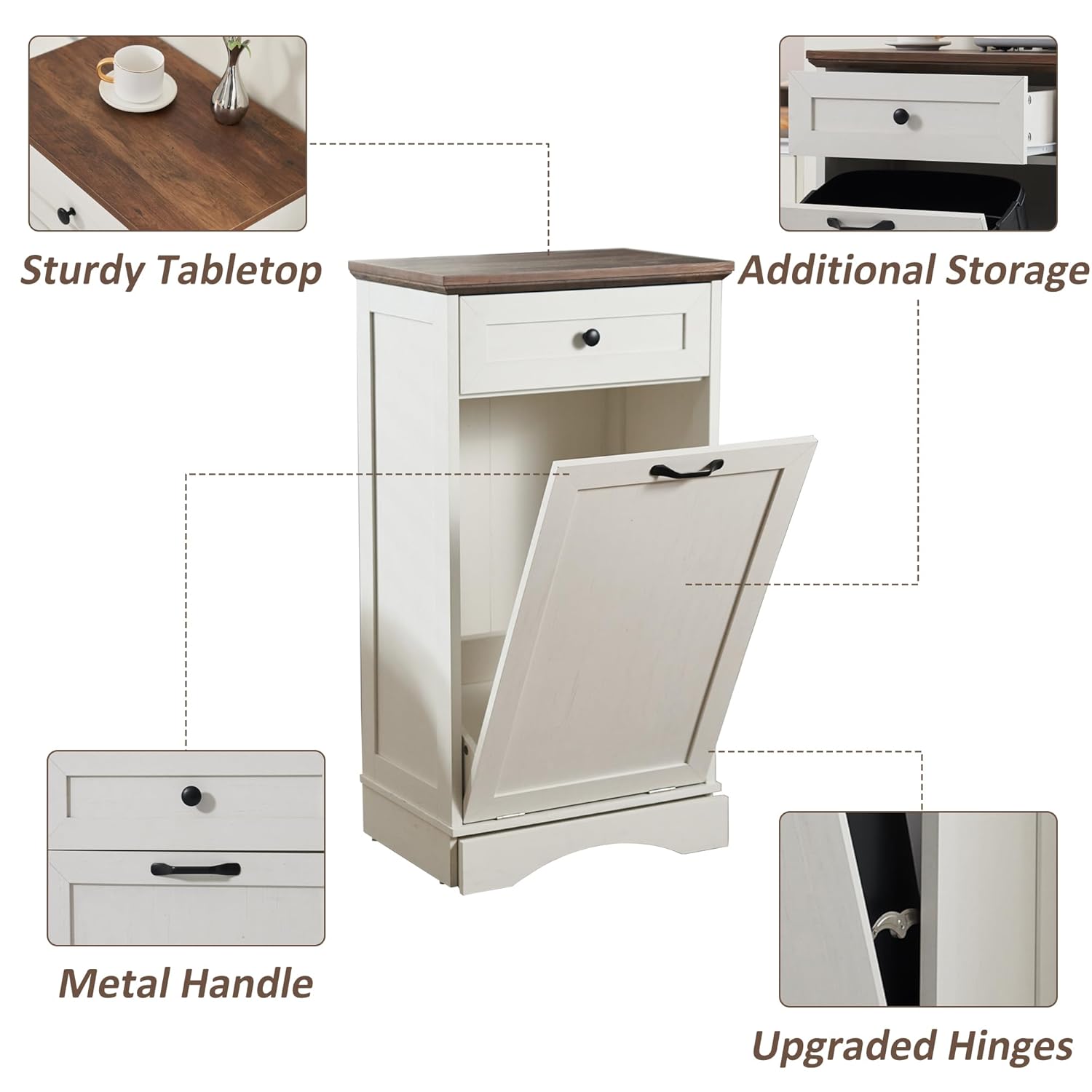 13 Gallon Tilt Out Trash Cabinet with Drawer Wood Hidden Kitchen Recycling Cabinet Free Standing Pet Proof Trash Can Laundry Cabinet for Kitchen, Antique White