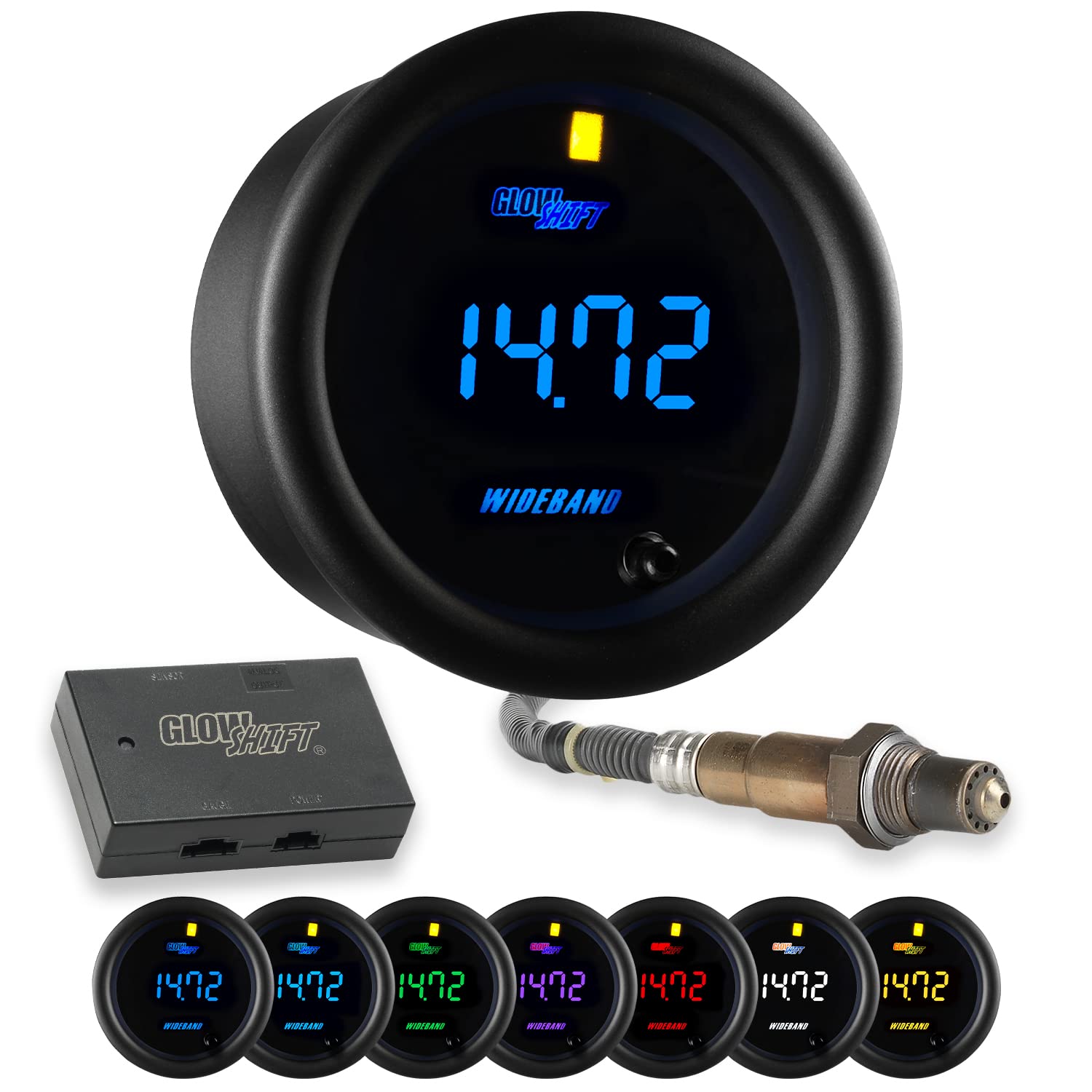 GlowShift Black 7 Color Digital Wideband Air / Fuel Ratio AFR Gauge Kit - Includes Oxygen Sensor, Data Logging Output & Weld-in Bung - Multi-Color LED Display - Clear Lens - 2-1/16" 52mm