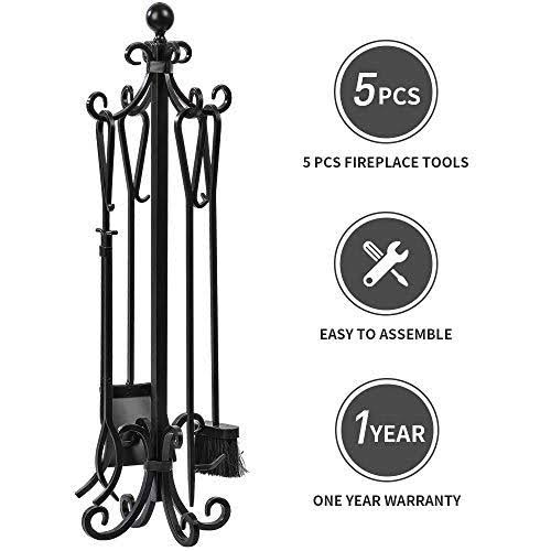 Amagabeli 5 Pieces Scroll Fireplace Tools Cast Iron Indoor Firewood Tools with L