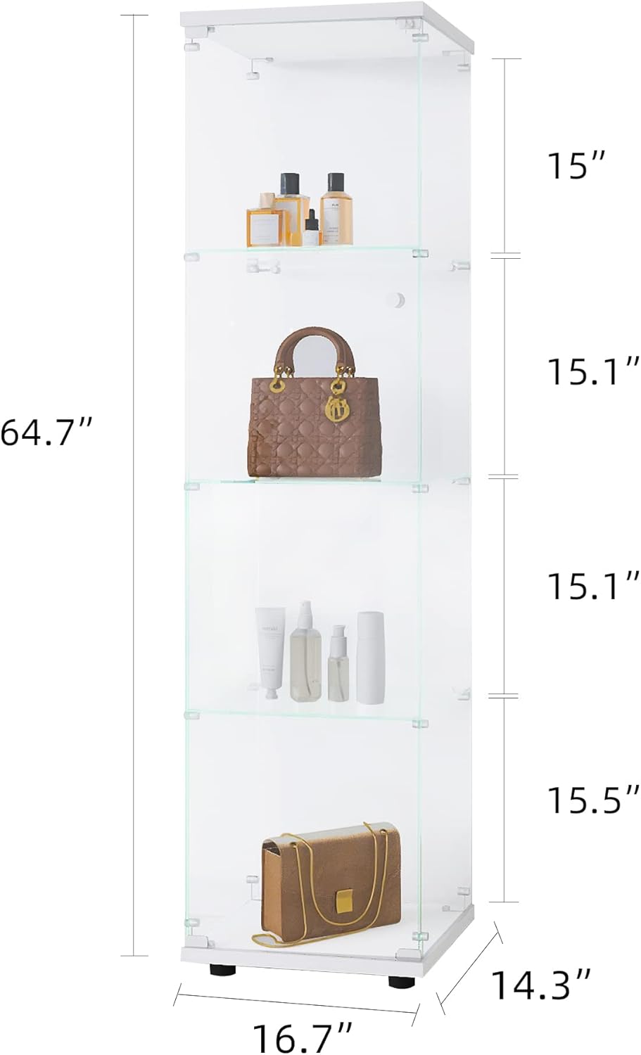 4-Shelf Glass Display Cabinet with Door and Lock, Upgraded Quick-Install Style Curio Cabinets 5mm Tempered Glass Floor Standing Bookshelf for Bedroom, Living Room 64.7”x 16.7”x 14.3” White