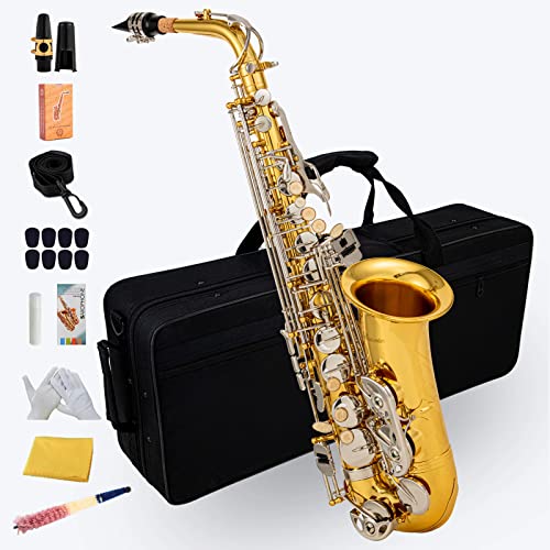 Black/gold keys E Flat Alto Saxophone Brass Engraved Eb E-Flat Natural White Shell Button Wind Instrument with Case Belt Brush (Black/gold keys)