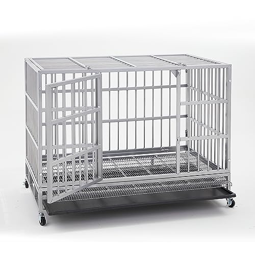 48 Inch Heavy Duty Indestructible Dog Crate Steel Escape Proof, Indoor Double Door High Anxiety Cage, Kennel with Wheels, Removable Tray, Extra Large XL XXL