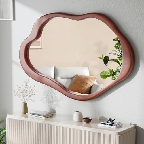 42"x 28" Irregular Wall Mirror, Wood Black Framed Wall Mirror, Asymmetrical Wall Wavy Mirror for Living Room Bedroom Entryway Bathroom Modern Decorative Cloud Mirror Hanging Hooks
