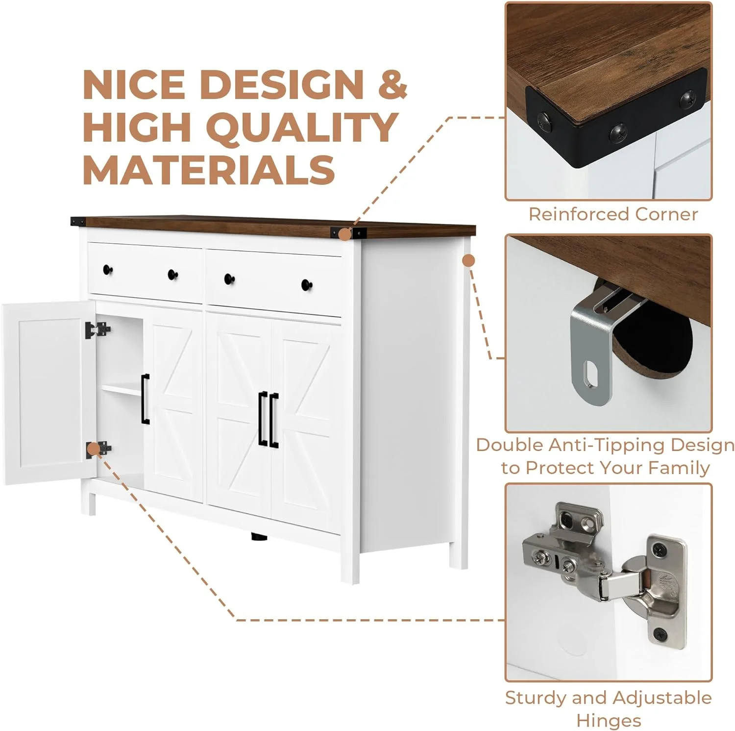 NLIBOOMLife 55" Sideboard Buffet Cabinet with   Coffee  Cabinet with 2 Drawers and 4 Barn Doors  Long  Cabinet Modern Farmhouse  White Wood  for Kitchen  Dining Room  Living Room