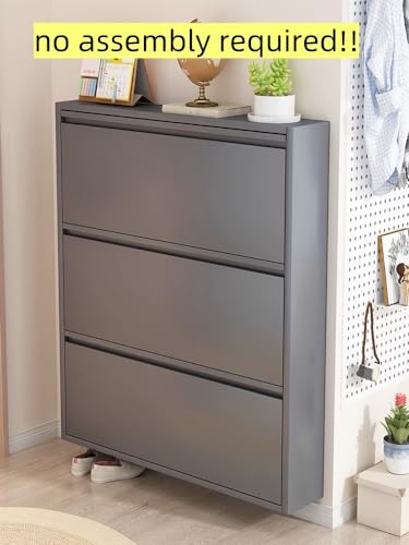 Shoe Cabinet Storage for Entryway,No-Assembly Large Shoe Rack Cabinet with 3 flip Drawers,Hidden Narrow Metal Freestanding Shoe Organizer for Living Room, Bedroom and Garage,Wall Mounted,black, Grey