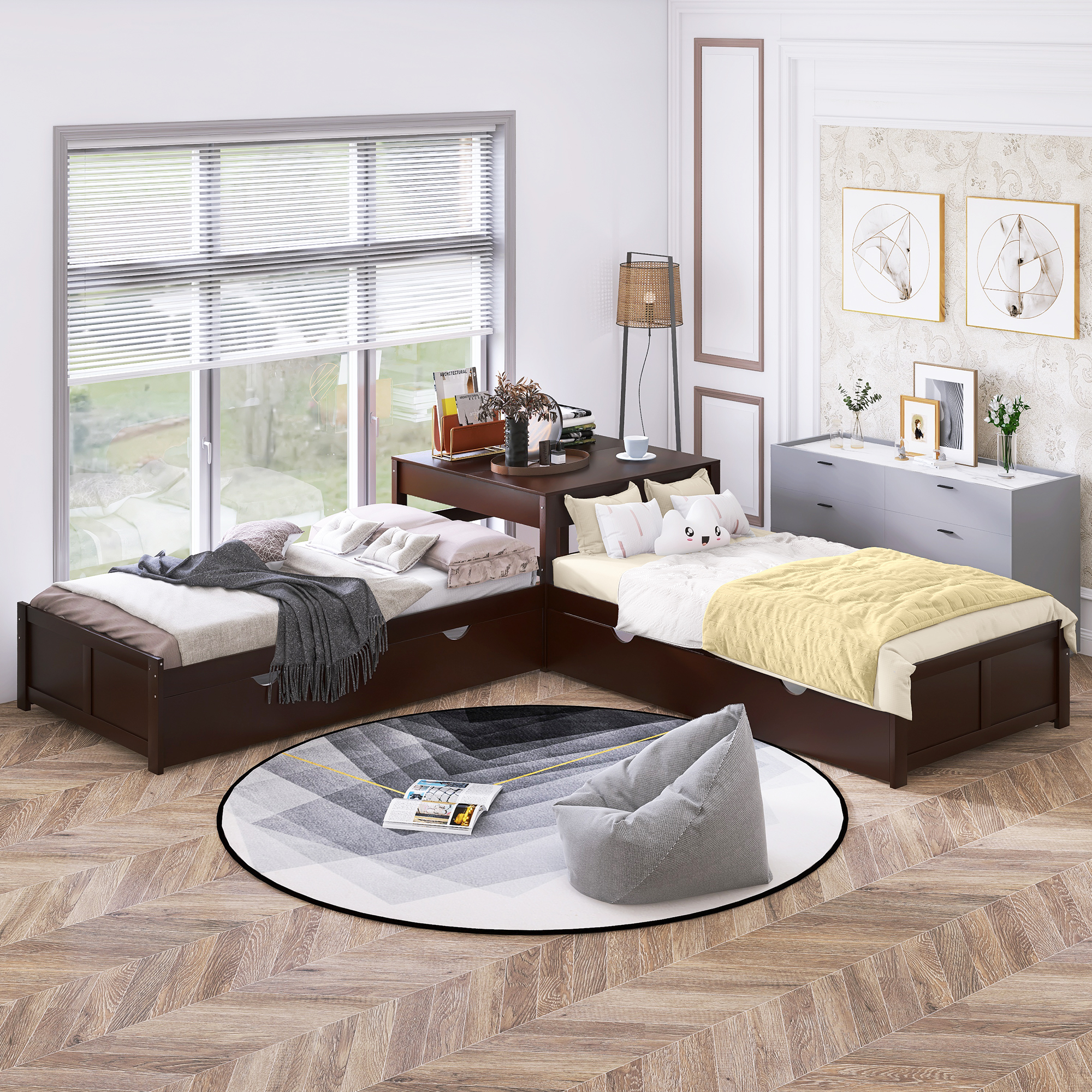 L Shaped Platform Bed with Two Trundles, Wooden Twin Corner Bed with Built-in Square Table for Kids Teens Adults