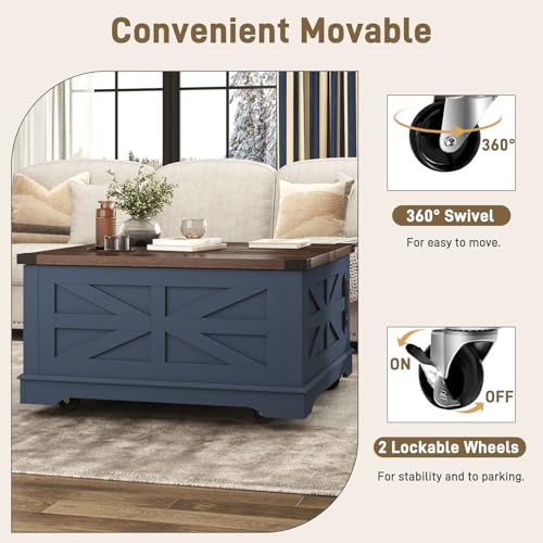 36" Farmhouse Movable Lift Top Coffee Table with Storage and Power Outlets, Square Wood Living Room Tables with Wheels&Large Hidden Space, Lift Wooden Barn Door Center Table, White