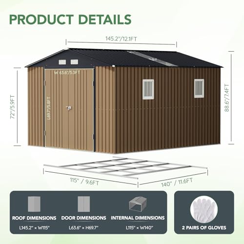 10X12X7.5 FT Outdoor Steel Storage Shed with Lockable Doors, 2 Windows, Transparent Roof Panels (Wood Panels & Frame Floor Not Included), Ideal for Patio Storage,Garbage Can, Chicken Coop，Brown