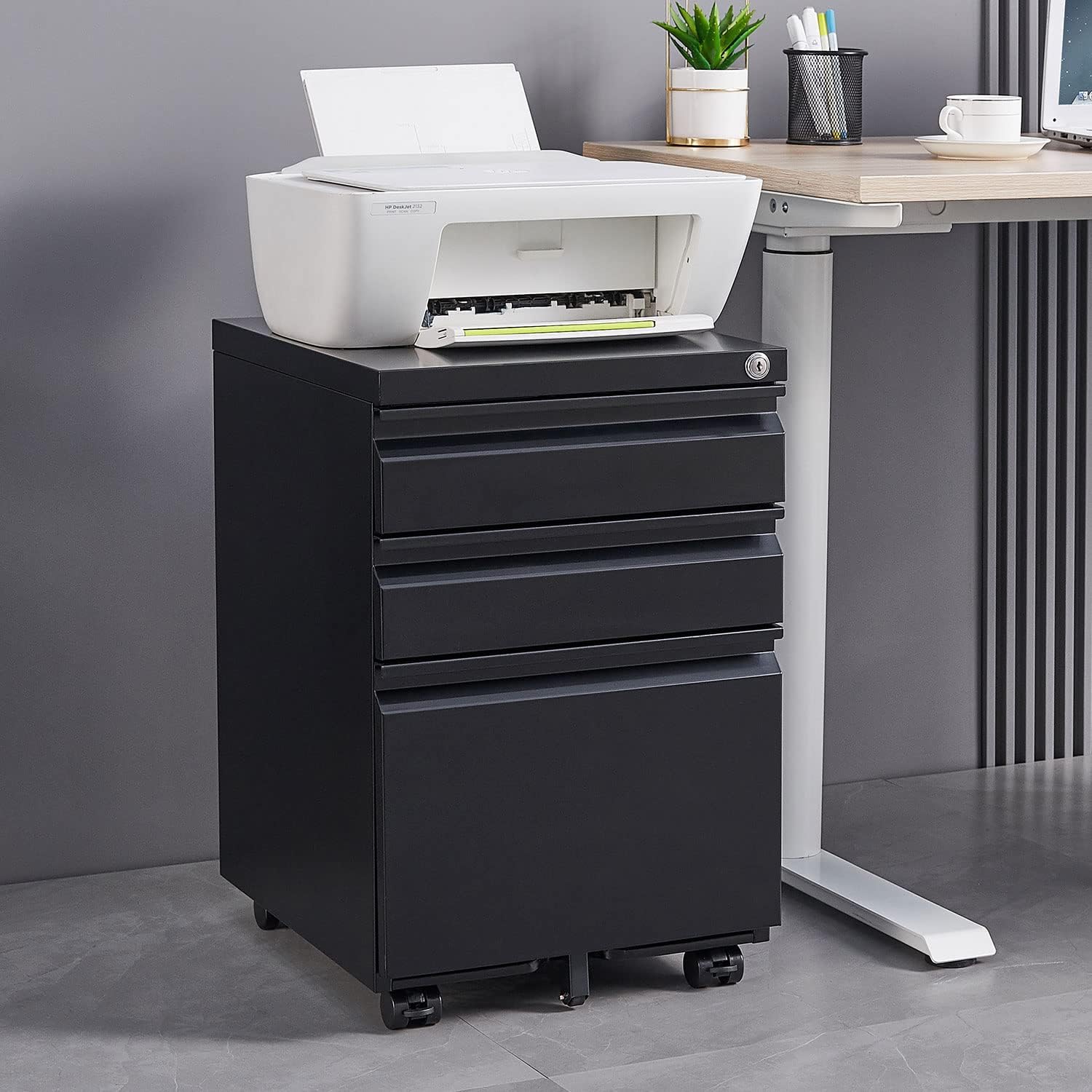 Mobile Printer Stand with Drawers and Lockable Wheels, 3-Drawer Office Storage Filing Cabinet with Lock for Legal Letter Size, Pre-Assembled Metal File Cabinet Except Wheels Under Desk Black