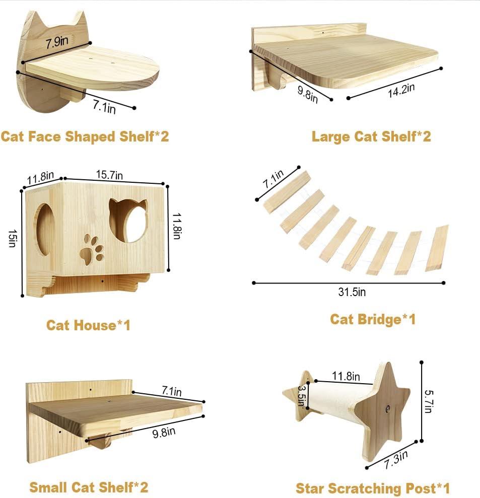 La La Pet® Wall Mounted Cat Furniture Wooden Cat Shelves and Perches for Wall Cat Steps Ladder Cat Bed Activity Tree Cat Climbing Structure Modern Cat Lounger Climber Set of 9