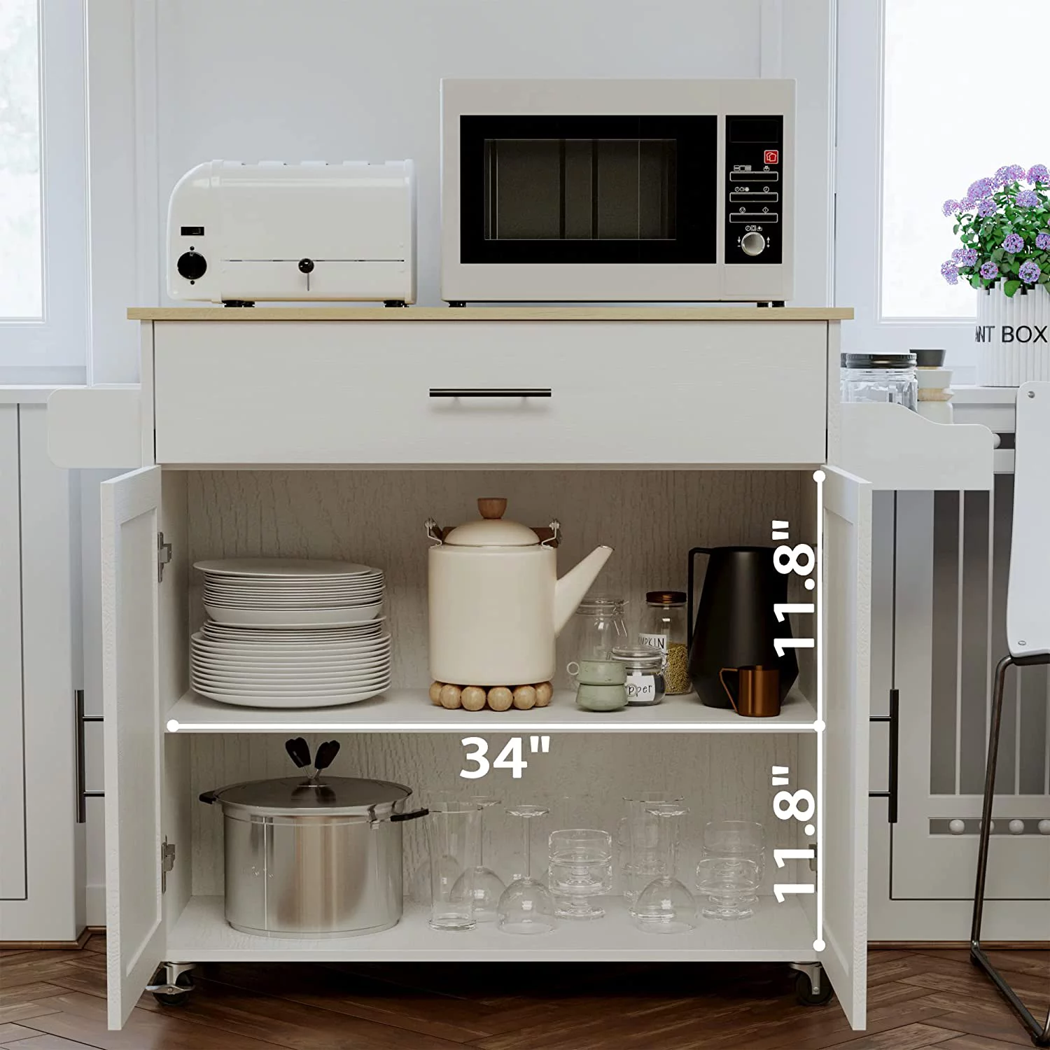 IRONCK Rolling Kitchen Island with Storage, with Storage Cabinet, Drawer, Spice Rack, Towel Rack, Kitchen Cart Table for Kitchen, White