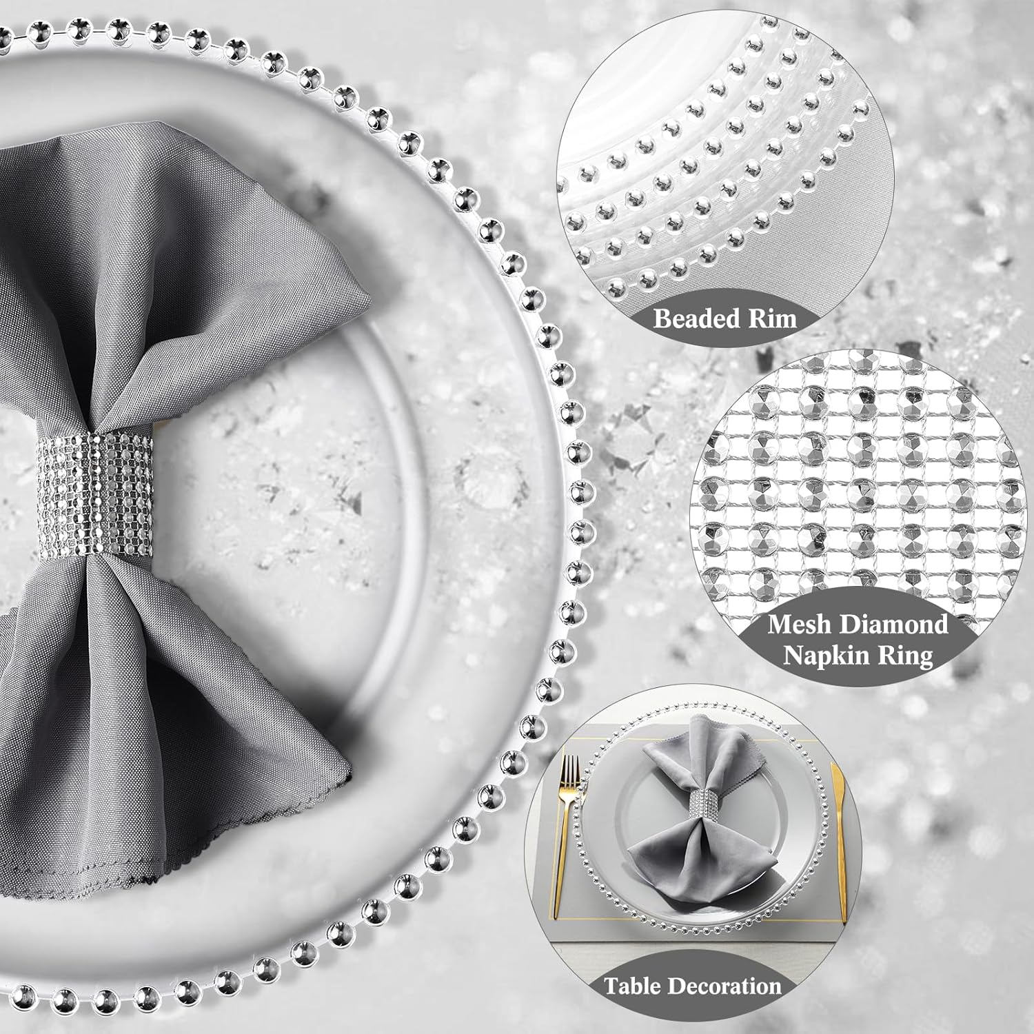 Dandat 50 Pack Clear Charger Plates Set 13 Inch Plastic Round Plates Bulk Silver Beaded Rim Dinner Plates with Napkin Rings, Wedding Party Banquet Events Kitchen Decoration