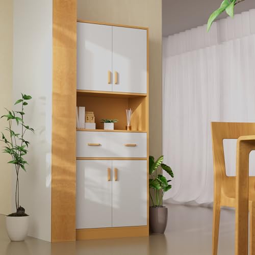 Oak and White Kitchen Pantry Cabinet, 70" Tall Kitchen Storage Cabinet with doors and drawer, Freestanding Wooden Storage Cabinet for Kitchen, Dining Room