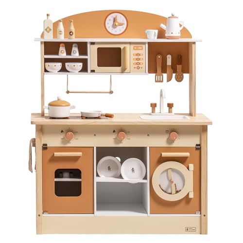 ROBUD Play Kitchen Set, Wooden Play Kitchen with Ice Maker, Fridge, Coffee Machine, Oven, Dishwasher, Microwave, Kitchen Accessories, Toy Kitchen Gift for Boys Girls, 3+