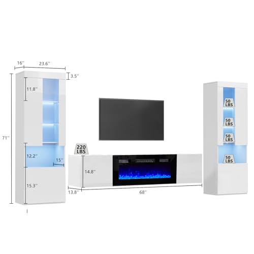 AMERLIFE High Gloss Living Room Entertainment Center with LED Lights, Including Floating Fireplace TV Stand with 40" Electric Fireplace & 2 Bookcases with Glass Doors, All White