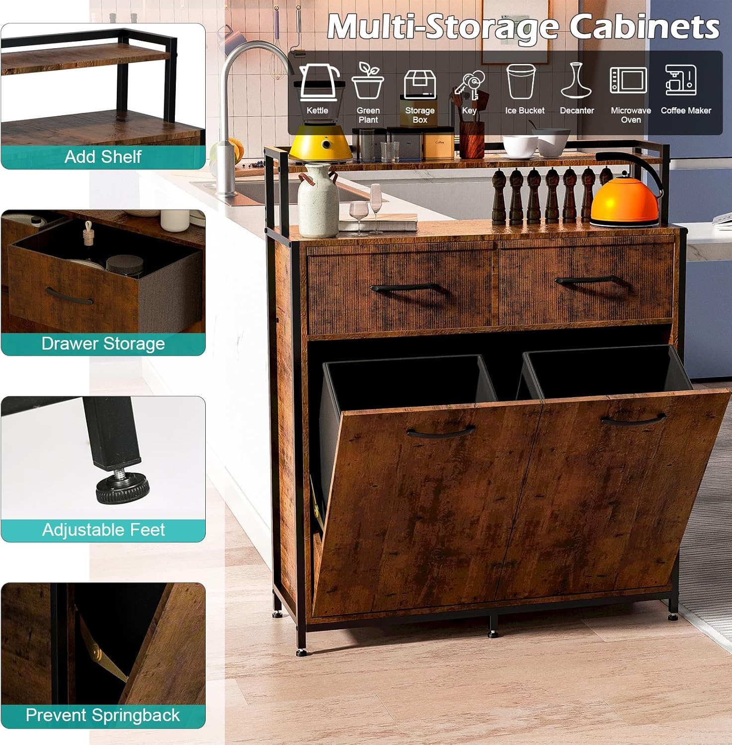 Dual Tilt Out Trash Cabinet, Hidden Trash Bin Cabinet with 2 Drawers and Shelf, Large Kitchen Trash Bin Cabinet MDF board, Laundry Hamper Cabinet Free Standing Holder 10 Gallon
