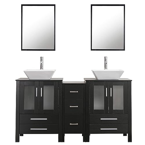 60" Double Vanity (2 * 24" Vanity,2* Porcelain Vessel Basin Sink,1 * 12" Side Cabinets),Double Bathroom Vanity Top with Porcelain White Sink,1.5 GPM Faucet/Drain Parts/Mirror Includes