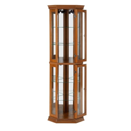 Suteck Corner Curio Cabinet with Lights, Adjustable Tempered Glass Shelves, Mirrored Back, Display Cabinet,Cherry (E26 light bulb not included)