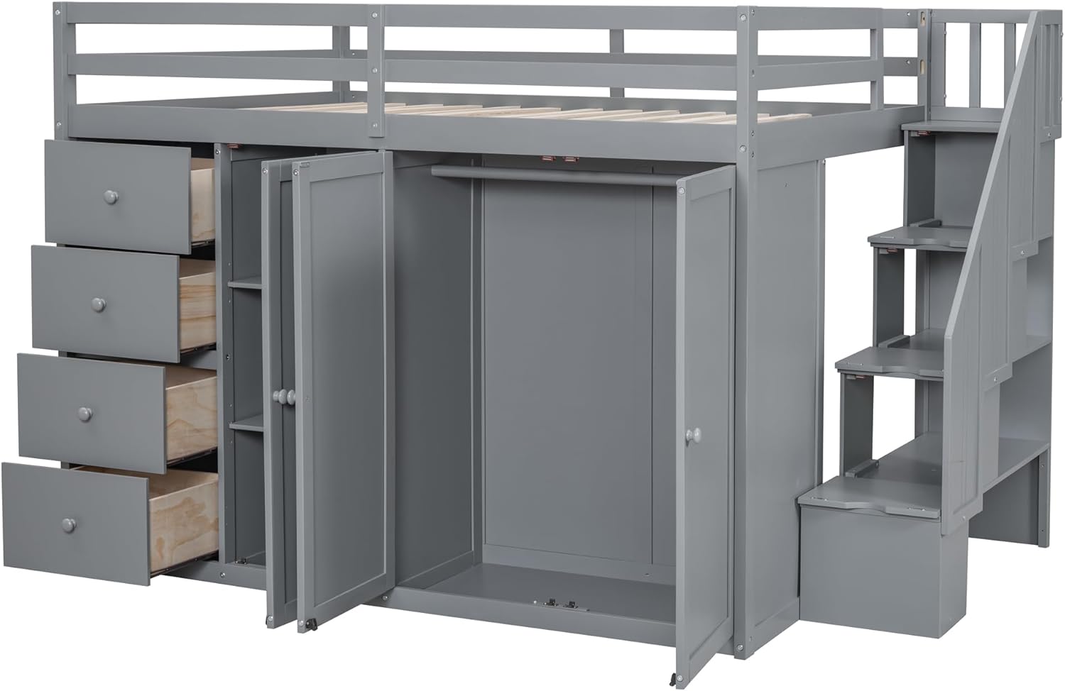 Full Size Loft Bed with Storage Space, Muti-Functional Wooden Loft Bed Frame with Built-in Wardrobes, Staircase, Cabinets and Drawers for Kids Teens Adults Bedroom, Space-Saving Design, Gray