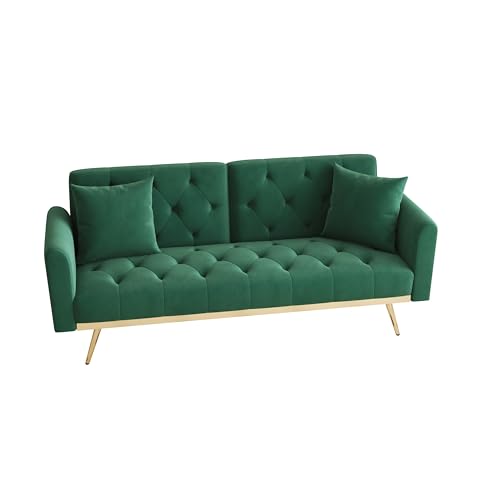 Velvet Convertible Sofabed, Futon Sofa Bed,68.3" Small Sofa Bed Couch with Adjustable Backrest,Modern Loveseat for Living Room, Bedroom, Office, Green