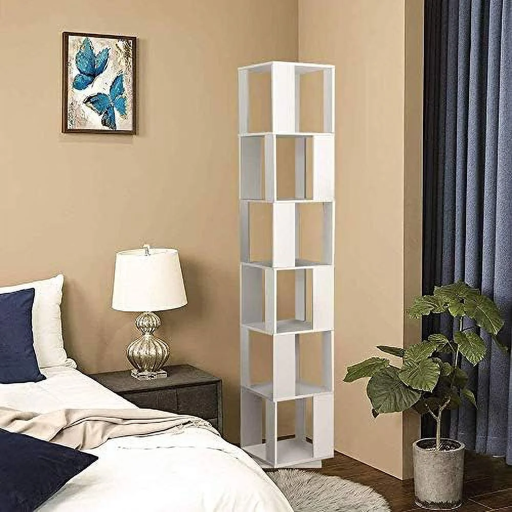 RUNFAYBIU Wooden Rotating Bookcase Shelves Floor Freestanding for Living Room Corner  Slim 6 Tiers Unit  Display Rack Tall Bookshelf  Bedroom Small Space (Blue)