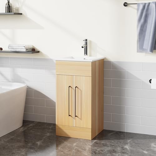 16” Bathroom Vanity Sink Combo for Small Space, Pedestal White Sink Storage Cabinet with 2 Doors, Oak
