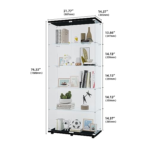 64.7" H Two-Door Display 4 Shelves, Curio Cabinets for Living Room, Bedroom, Office, Floor Standing Glass Bookshelf, Quick Installation, 64" 31" 14", Black