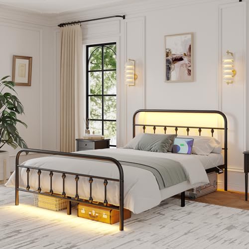 Full Bed Frame with Charging Station, Metal Platform Bed Frame-Mattress Foundation with LED/Headboard and Footboard/Under Bed Storage/No Box Spring Needed,Black
