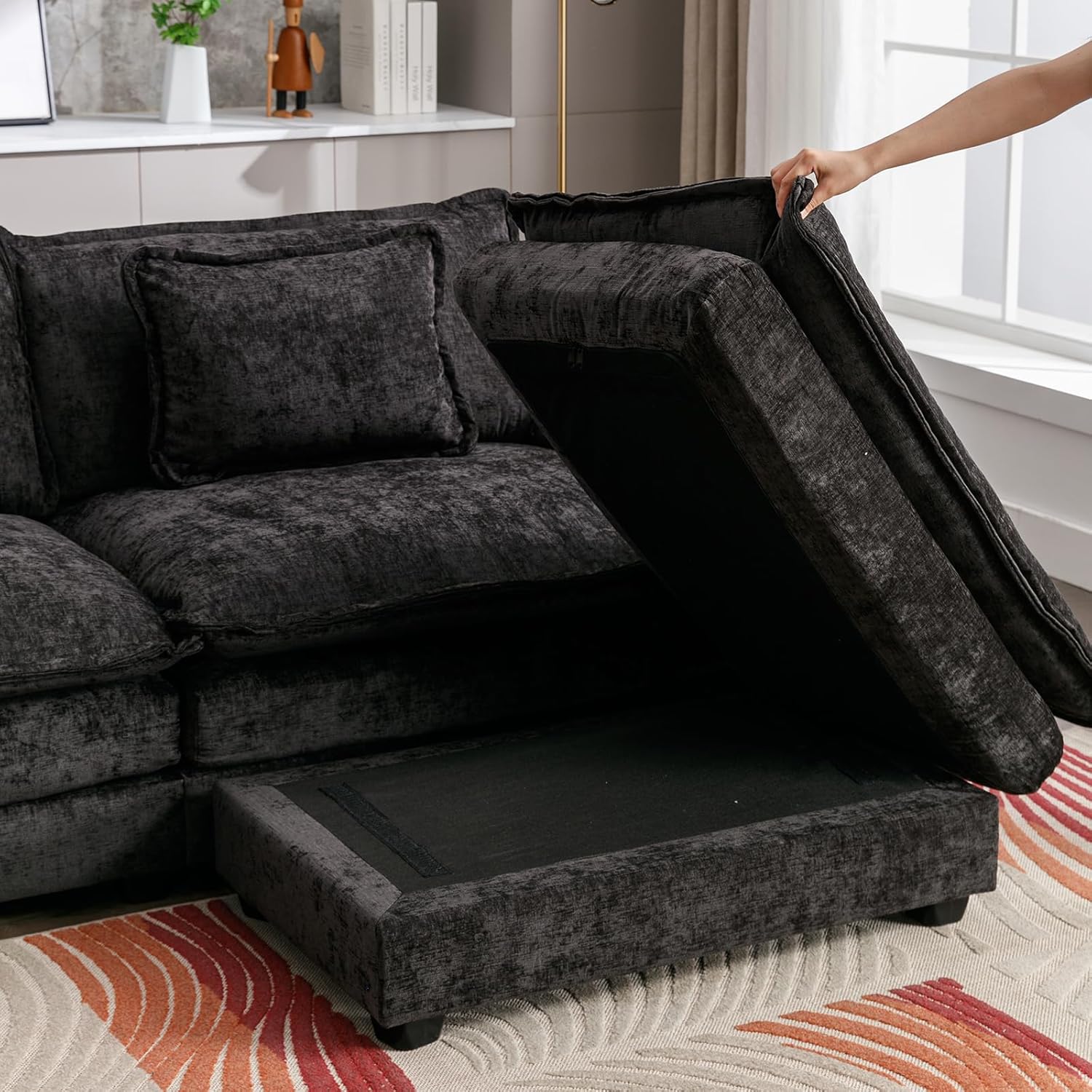 IPKIG 117" Sectional Sofa, Chenille L-Shaped Couch Comfy Upholstered 3-Seat Sofa with Ottoman, 3 Lumbar Pillow, Deep Seat Modular Oversized Couch for Living Room, Apartment, Studio (Black, 4-Seat)