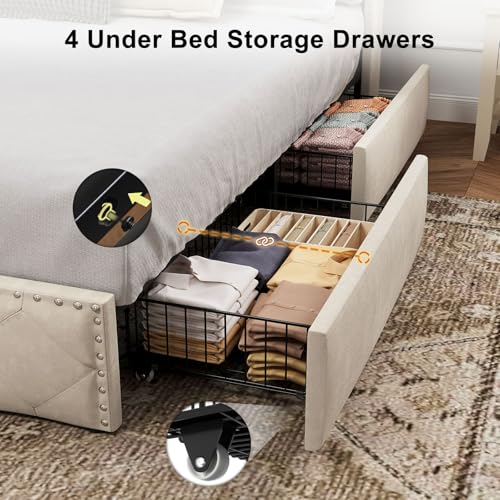 King Size Bed Frame with LED lights & USB Charging Station, Velvet Upholstered Platform Bed with Storage Headboard and 4 Drawers, No Box Spring Needed, Easy Assembly, Beige