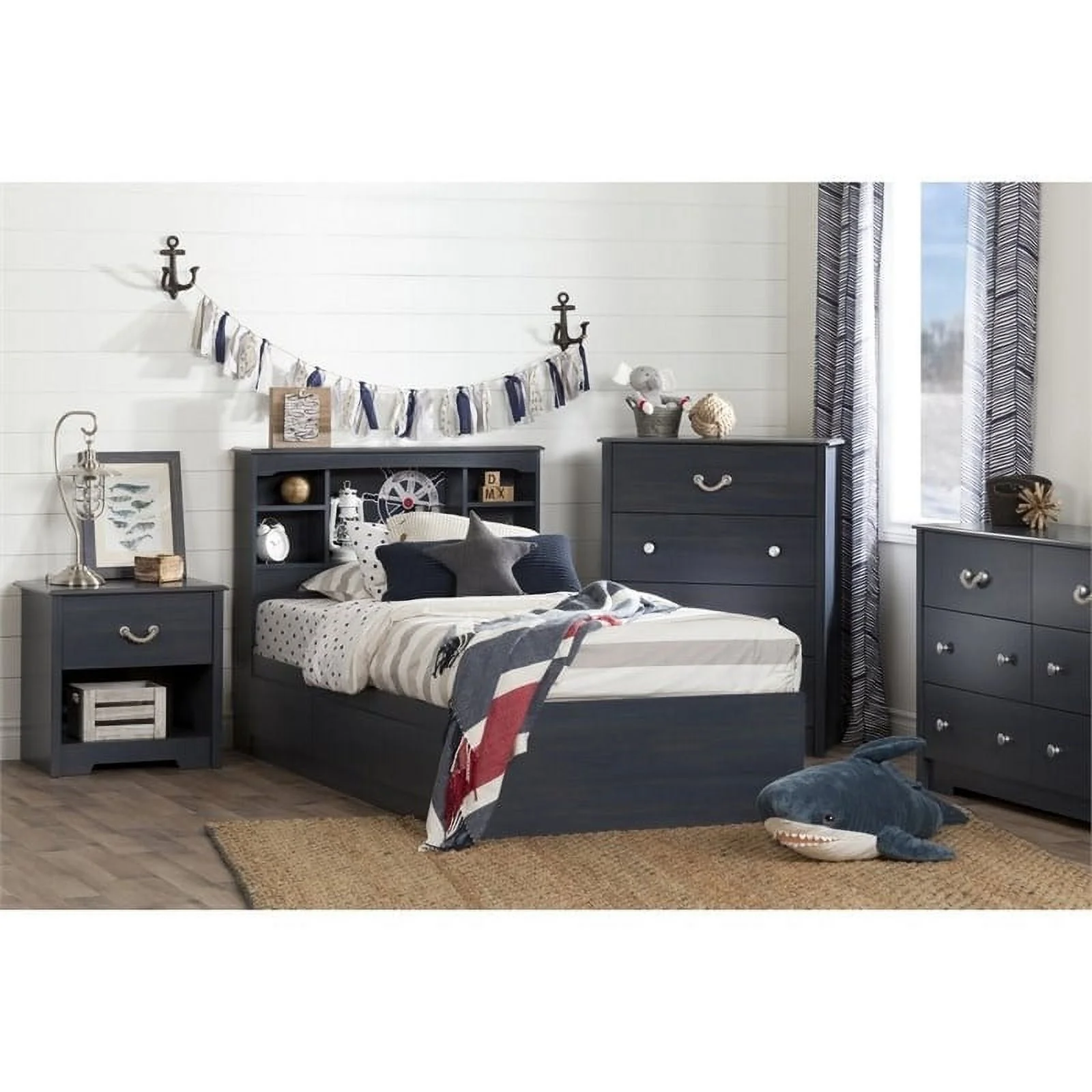 Roseberry Kids Transitional Wood Twin Mates Bed with 3 Drawers in Blue